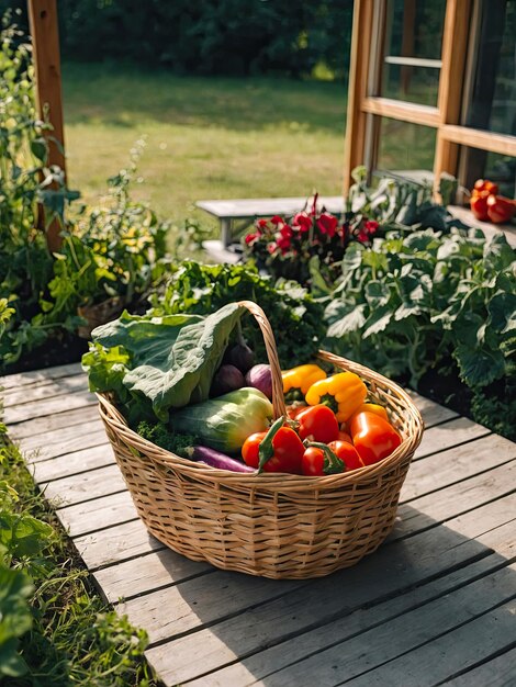 Una canasta con una cosecha de verduras frescas ecológicas del jardín en el patio de la casa Cultivo de cultivos de verduras aficiones generadas por IA