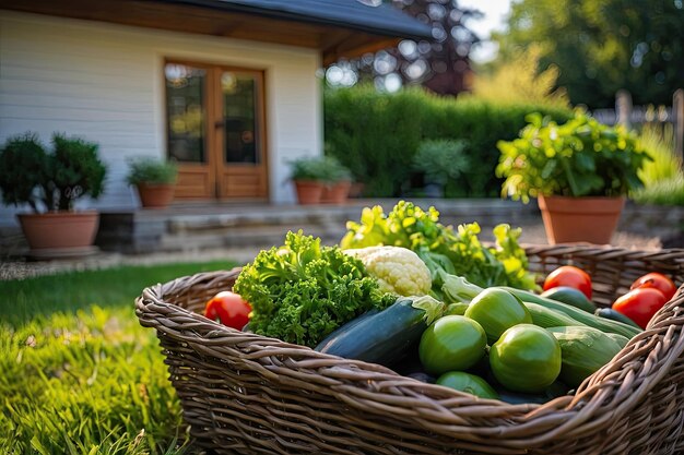 Foto una canasta con una cosecha de verduras frescas ecológicas del jardín en el patio de la casa cultivo de cultivos de verduras aficiones generadas por ia