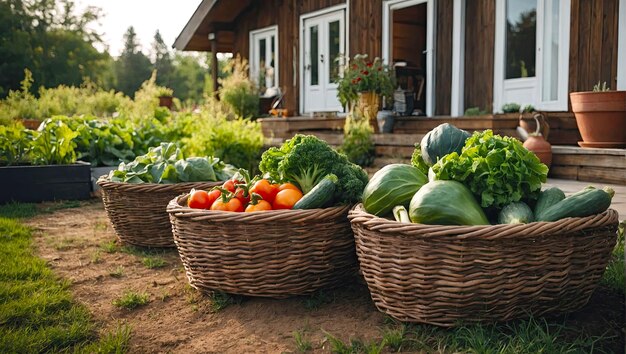 Una canasta con una cosecha de verduras frescas ecológicas del jardín en el patio de la casa Cultivo de cultivos de verduras aficiones generadas por IA