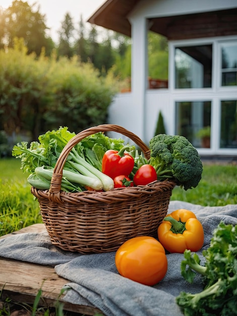 Una canasta con una cosecha de verduras frescas ecológicas del jardín en el patio de la casa Cultivo de cultivos de verduras aficiones generadas por IA