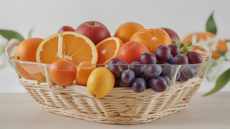 una canasta de diferentes frutas, incluidas ciruelas, ciruelas y ciruelas