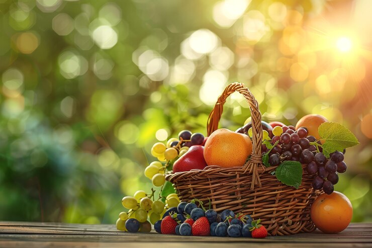 Una canasta de diferentes tipos de frutas frescas en una mesa de madera con árboles verdes borrosos y luz solar