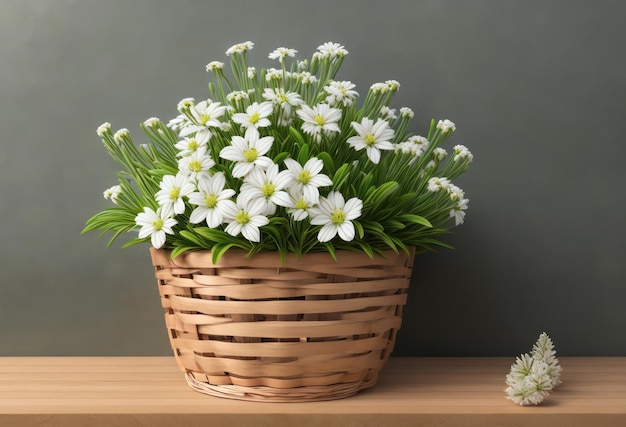 Una canasta de flores blancas con hojas verdes en el centro.