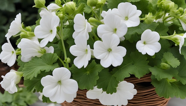 Foto una canasta de flores blancas con hojas verdes y flores blancas