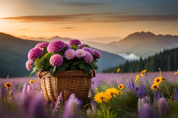 una canasta de flores en un campo de flores.