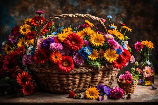 una canasta de flores con una canasa de flores en una mesa