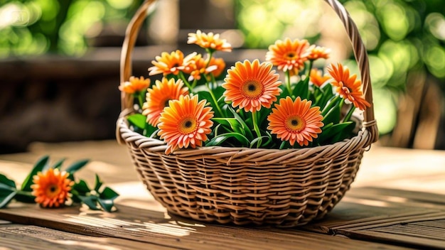 una canasta de flores con una canasa de flores en una mesa