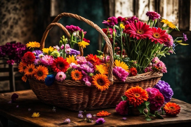 una canasta de flores con una cesta de flores en el fondo