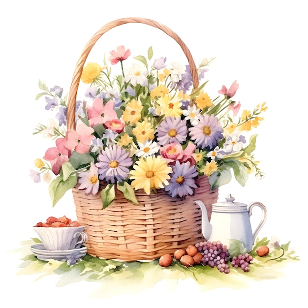 Una canasta de flores está al lado de una taza de café y una tetera.