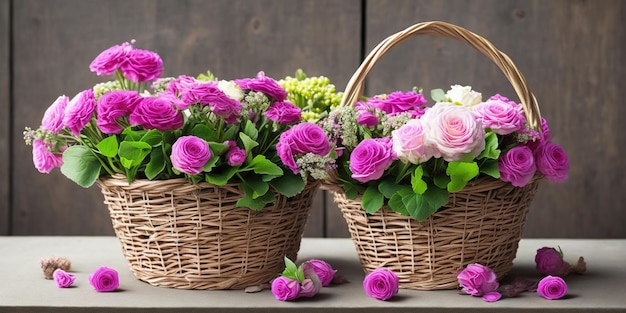 Una canasta de flores con flores rosas sobre una mesa.