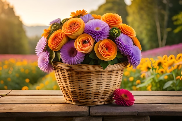 una canasta de flores con un fondo de árboles y flores.