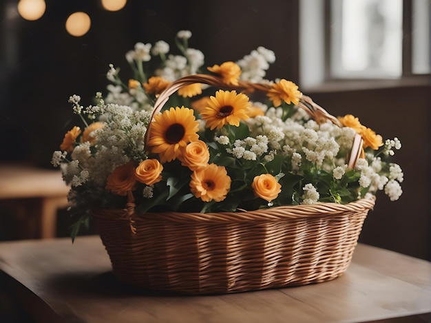 Una canasta de flores con un fondo borroso