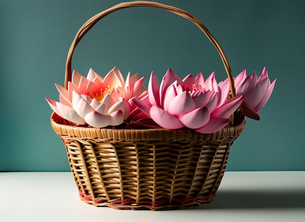 Una canasta de flores de loto rosa se muestra en una mesa.