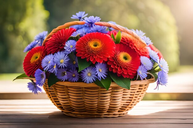 una canasta de flores en una mesa con un fondo borroso.