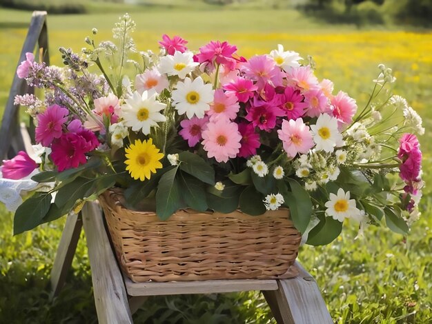 Una canasta de flores en una mesa de picnic al sol