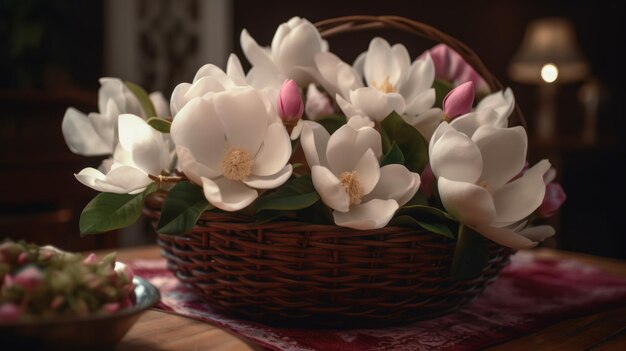 Una canasta de flores en una mesa con tenedor y cuchara