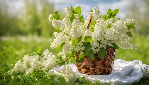 una canasta de flores con un paño blanco en el césped