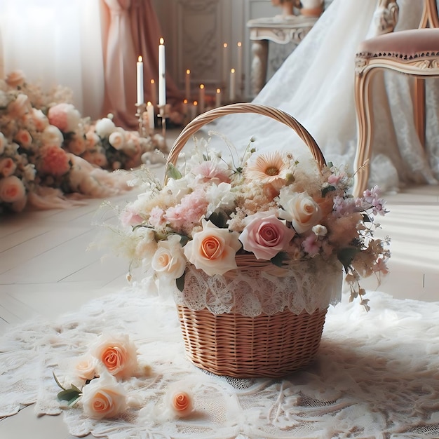 una canasta de flores se sienta en una alfombra con una silla en el fondo