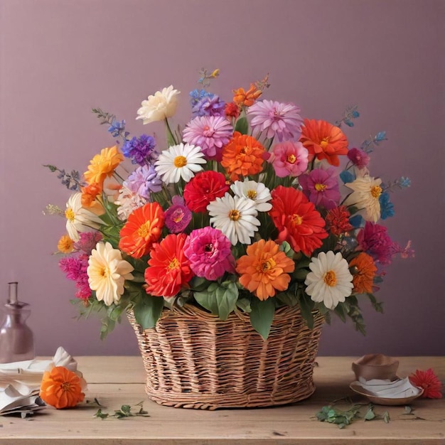 una canasta de flores se sienta en una mesa con una botella de agua en el fondo