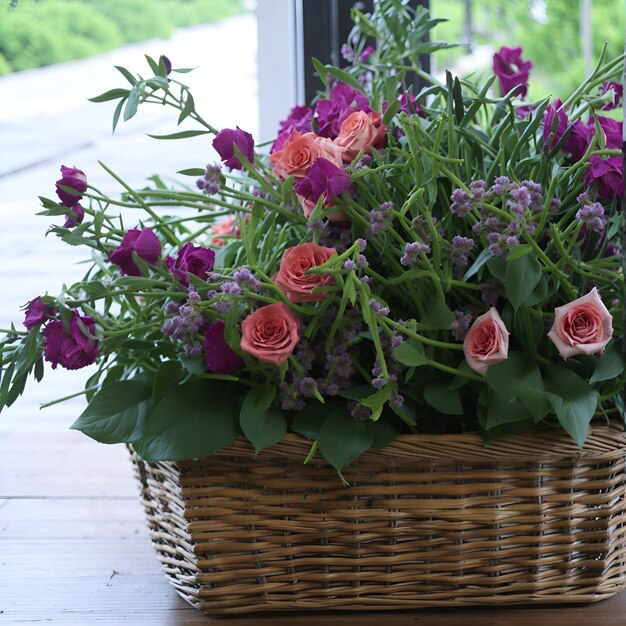 Foto una canasta de flores está sobre una mesa afuera.