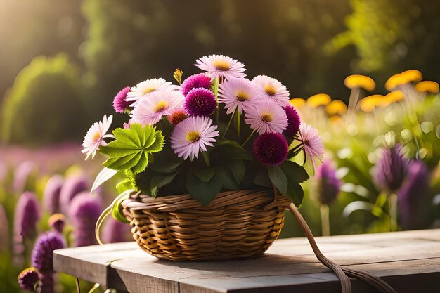 una canasta de flores con el sol detrás de ellos