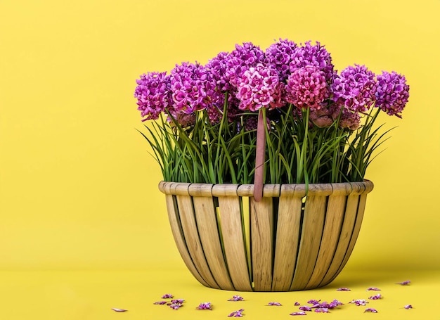 Una canasta de flores violetas con pétalos violetas sobre un fondo amarillo.