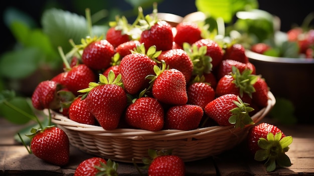 una canasta con fresas fresas en una mesa de madera fresas