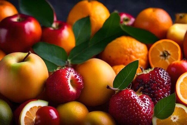 Una canasta de fresas y naranjas con hojas y un fondo negro.