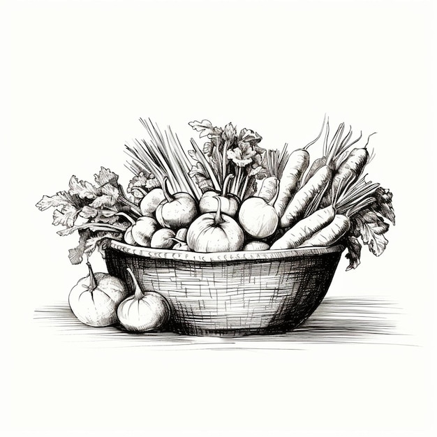 Foto una canasta de frutas boceto blanco y negro