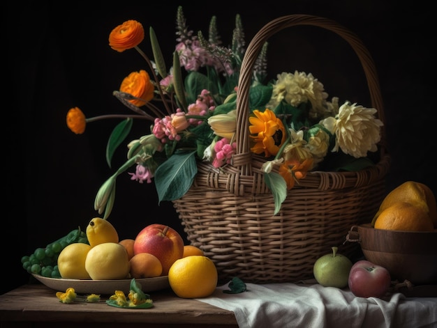 Una canasta de frutas y flores en una mesa imagen generativa de ai.