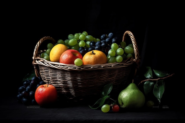 Una canasta de frutas con un fondo negro.