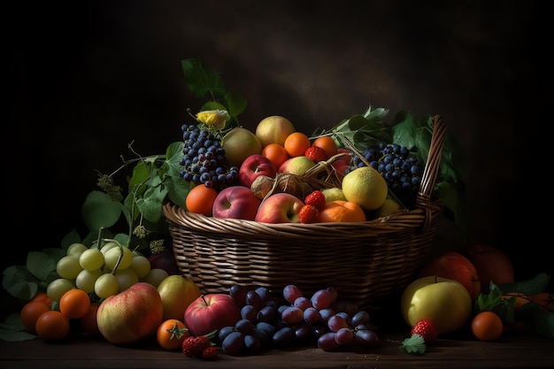 Una canasta de frutas con un fondo oscuro.