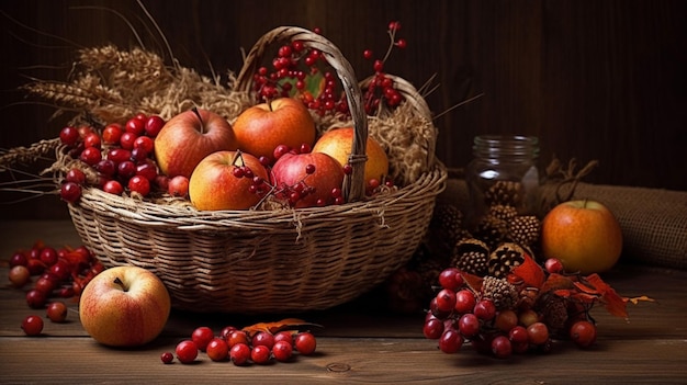 Una canasta de frutas con un frasco de bayas de otoño sobre la mesa.