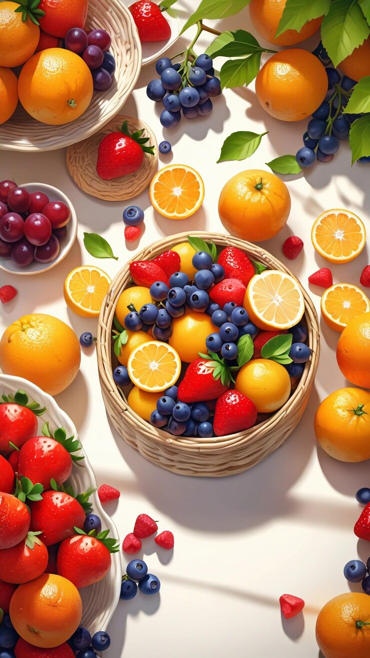 una canasta de frutas con fresas y fresas en la parte superior