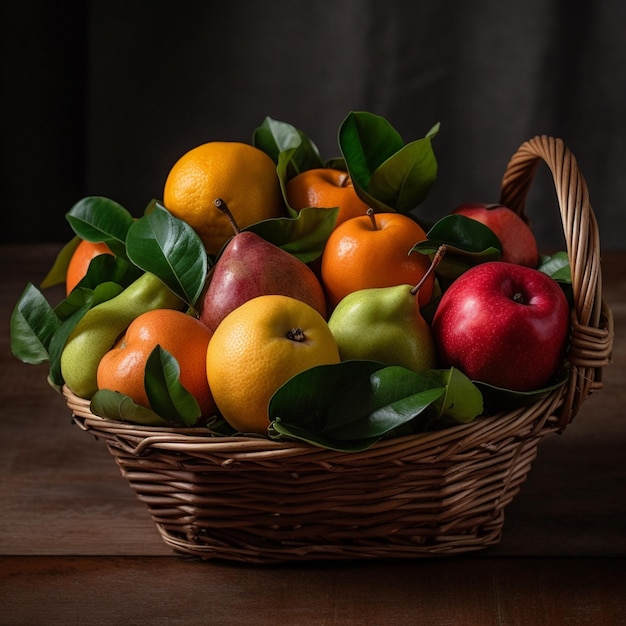 Una canasta de frutas con hojas verdes y naranjas.