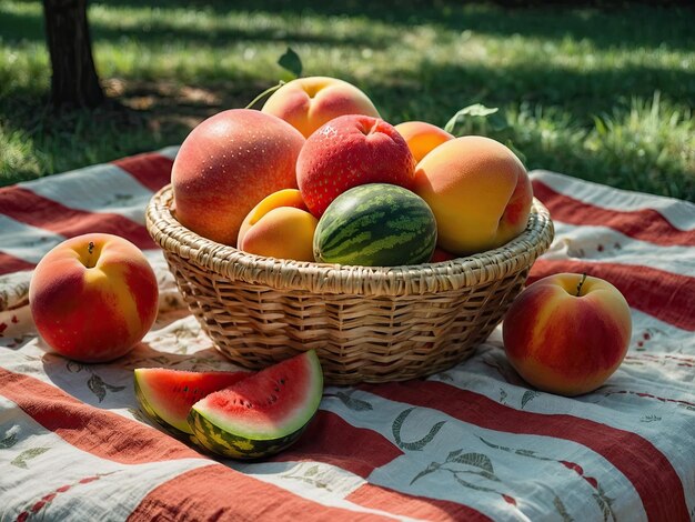 Una canasta de frutas llena de sandías frescas sandías fresas en una manta en el