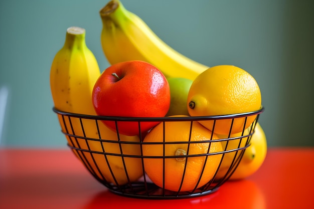 Una canasta de frutas con una manzana roja y un plátano.