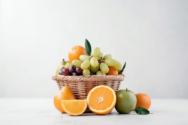 Una canasta de frutas con naranjas y uvas.