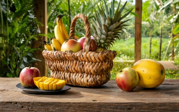 Foto una canasta de frutas que contiene plátano, manzana, piña y mango y en el fondo una granja