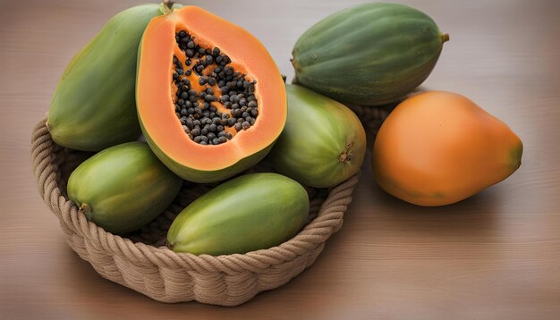 una canasta de frutas que incluye una papaya y una papaya