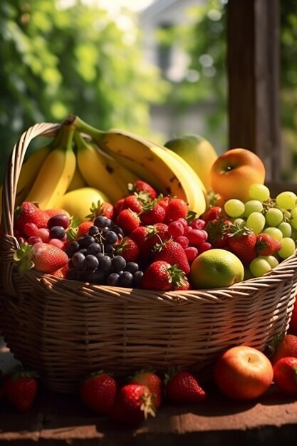 Foto una canasta de frutas que incluye plátanos, fresas y plátanos.