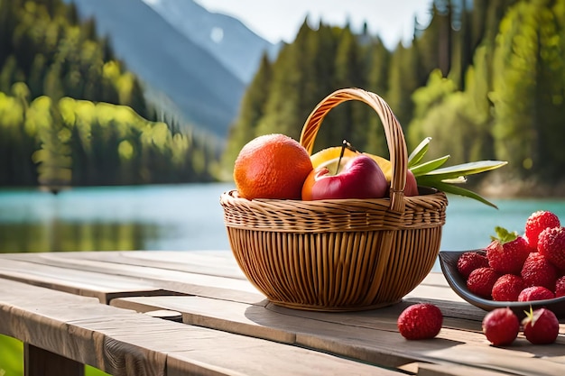 Una canasta de frutas se sienta en una mesa al lado de un lago.