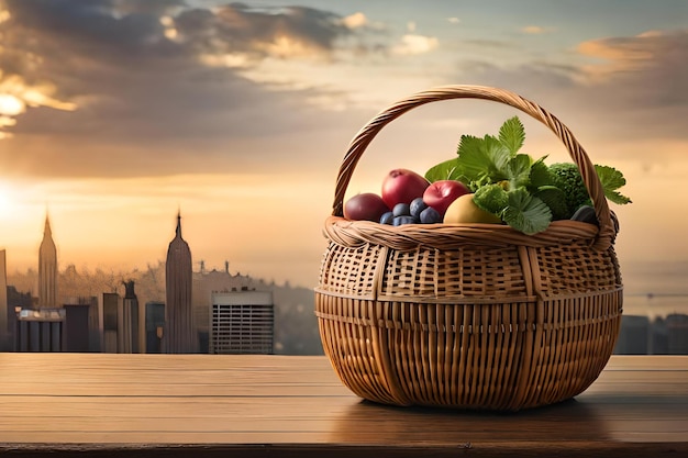 Una canasta de frutas se sienta en una mesa con vistas a Manhattan en el fondo