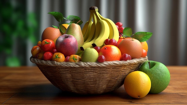 Una canasta de frutas se sienta en una mesa.