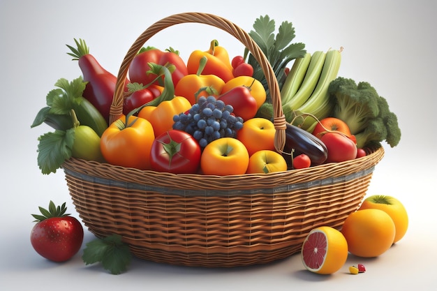 Una canasta de frutas y verduras con un fondo blanco.