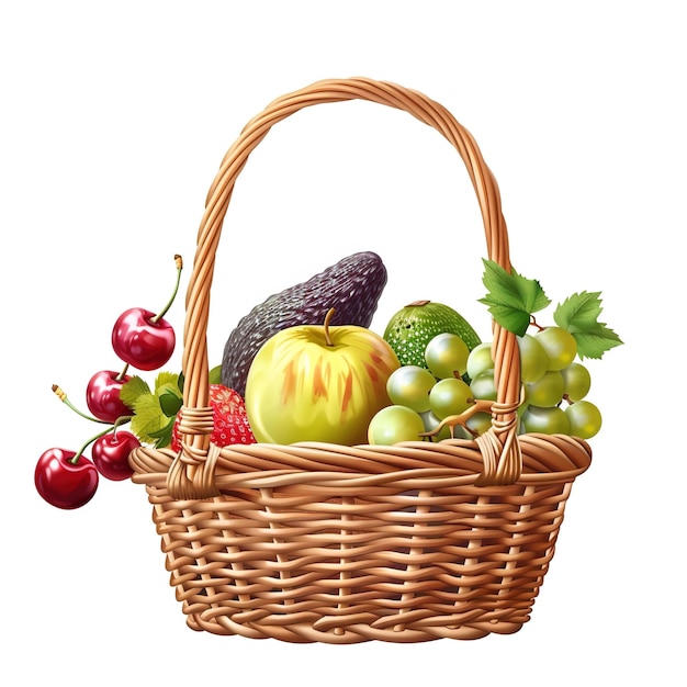 una canasta de frutas y verduras con una imagen de una fruta en el medio