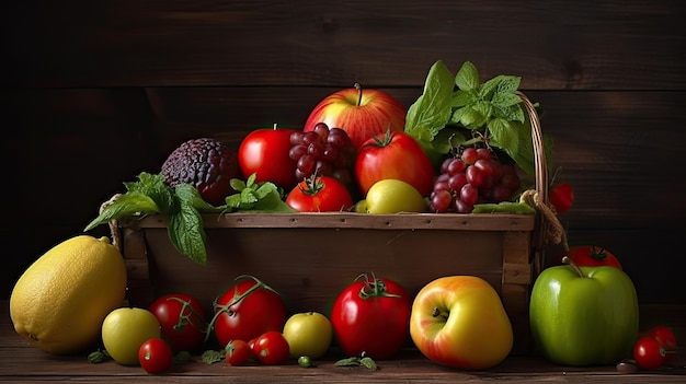 Una canasta de frutas y verduras en una mesa de madera.