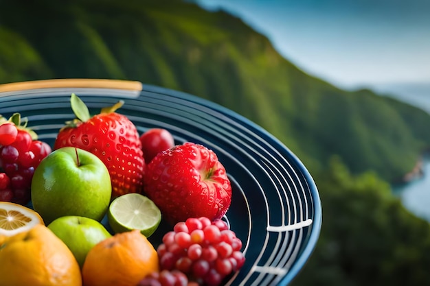 Foto una canasta de frutas y verduras con una montaña en el fondo.