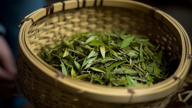 Una canasta de hojas de té verde se sienta sobre una mesa.