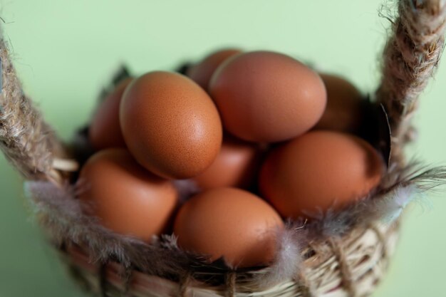 Una canasta de huevos con un borde emplumado